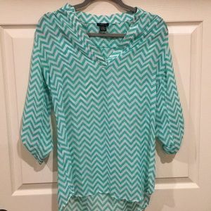 Teal and white chevron patterned top